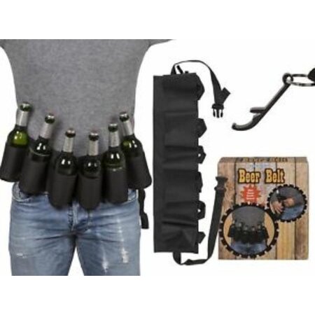 Out of the Blue Bierfles Houder Riem - Beer Belt - Bierriem - Zwart - Met bieropener sleutelhanger