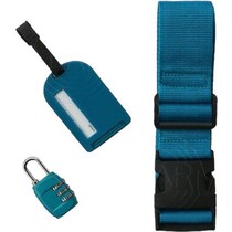 Premium Travelset – Koffer Beveiliging Reis set - Blauw - Kofferriem – Kofferslot – Kofferlabel / Bagagelabel