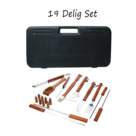 Merkloos BBQ Set 19-delig - BBQ Accessoires – BBQ Gereedschap incl koffer – RVS en Hout