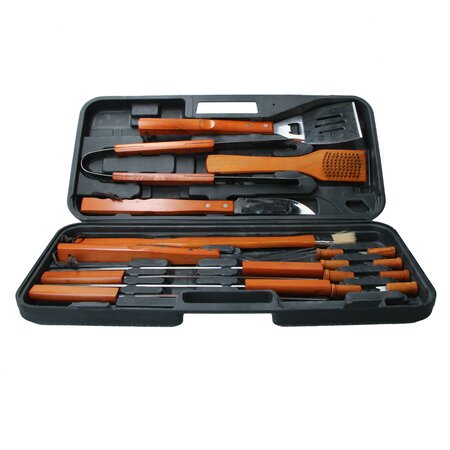 Merkloos BBQ Set 19-delig - BBQ Accessoires – BBQ Gereedschap incl koffer – RVS en Hout