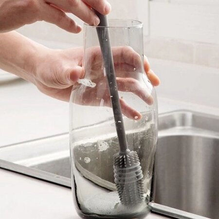 Merkloos Siliconen afwasborstel - Duurzame borstel voor lange glazen en flessen - Grijs