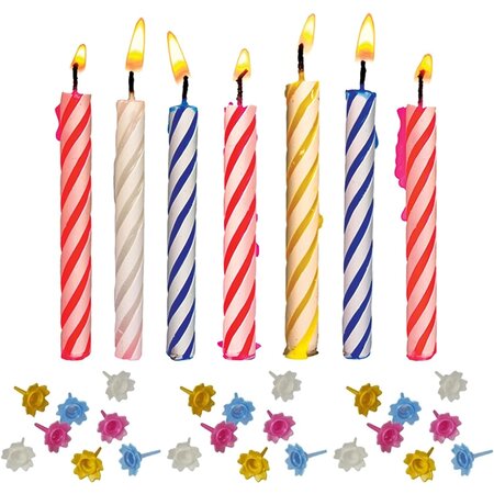 Merkloos Gekleurde Verjaardag kaarsjes - 24 stuks met taarthouders - Multicolor - 5.5 cm