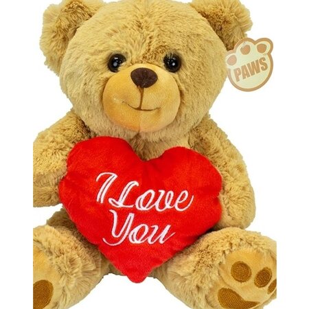 Paws Knuffel beertje - I Love You - rood hart 26 cm - lichtbruin