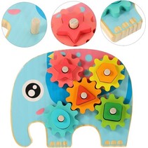 Montessori Houten Olifant Puzzel met Draaiende Tandwiel Leer Vormen en Kleuren - Educatief