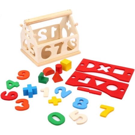 Merkloos Montessori Educatief Houten Huis Getallen Rekenpuzzel + Vormenpuzzel + Kleuren – Tellen en stapelen – Montessori Toys – Leer Cijfers, Vorm + Kleuren