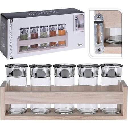 Excellent Houseware Houten kruidenrek met 5 glazen potten - Ophangbaar - Staand