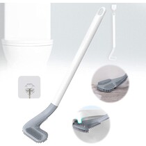 Siliconen toiletborstel voor hoeken en spleten met extra lange steel, wandgemonteerde badkamertoiletborstel, witte handgreep met grijze kop