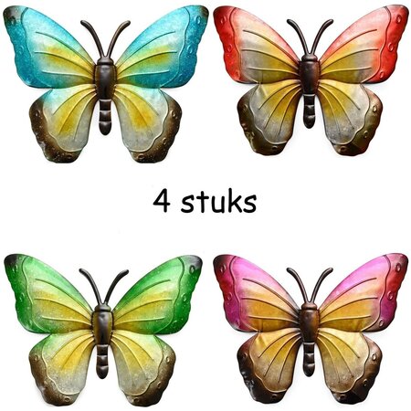 Merkloos Tuin decoratie muur vlinders - Muur decoratie metaal - 30 x 40 cm - Set van 4 stuks