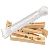 Merkloos Set waslijn met een haak + 50 wasknijpers - Drooglijn - Waslijndraad - Wit - 20 m