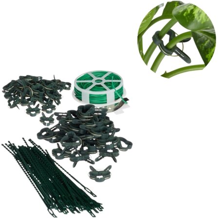 Relaxdays plantensteun - 110-delige set - stabiele clips - binddraad met snijder - rozen - groen