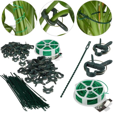 Relaxdays plantensteun - 110-delige set - stabiele clips - binddraad met snijder - rozen - groen