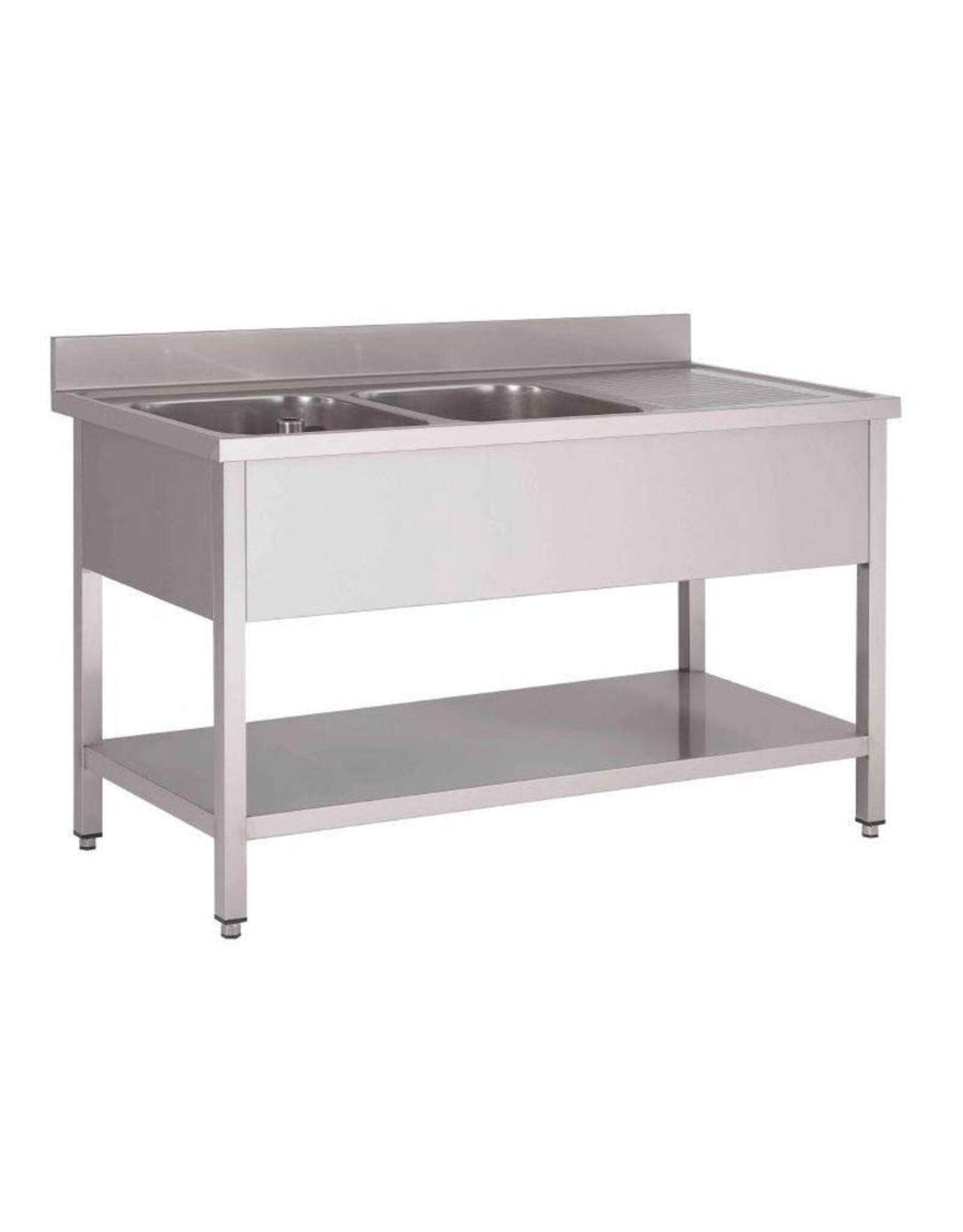 Q-Gastro RVS  2 baks Spoeltafel 160x70 met achteropstand en Bodemplaat (Nieuw!!)