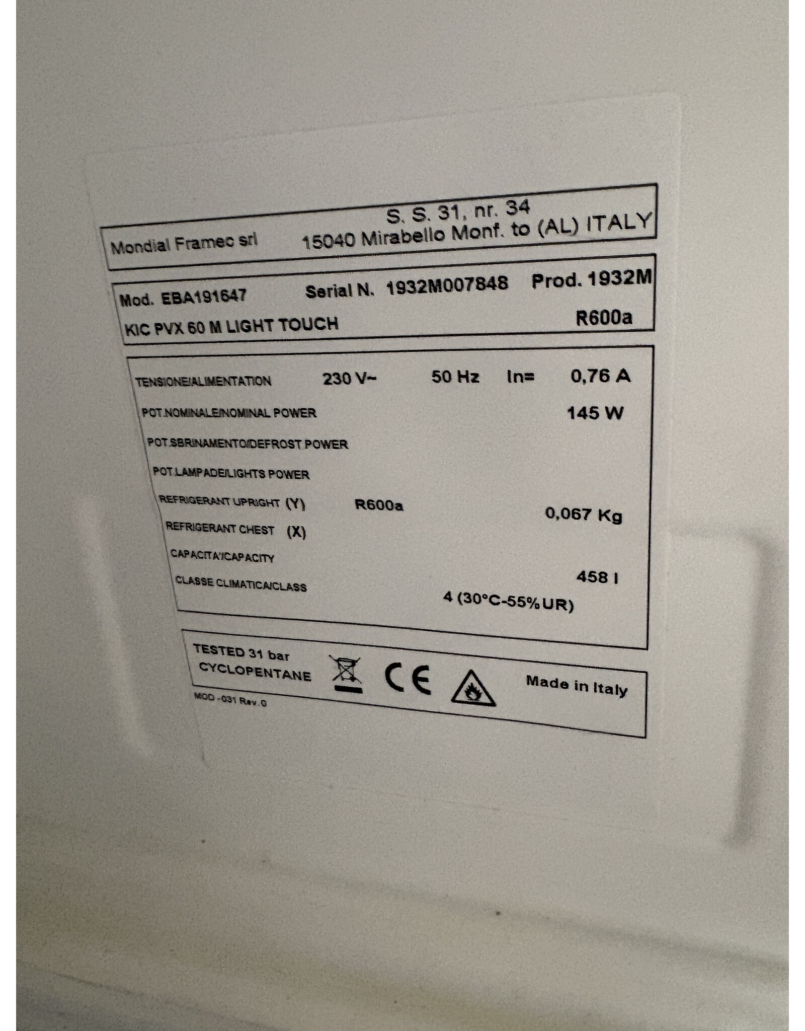 Mondial Mondial Framec KIC PVX 60 M Light Touch R600  KOELKAST