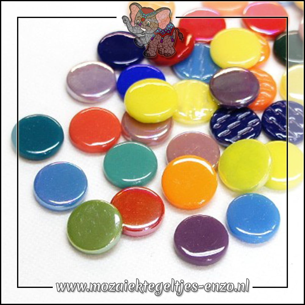 Glasmozaiek steentjes - Penny Rounds Normaal en Parelmoer - 18 - Gemixte Kleuren - per 50 gram - Mixed Colours - Bestel nu de mooiste mozaïektegeltjes online bij Mozaïektegeltjes Enzo