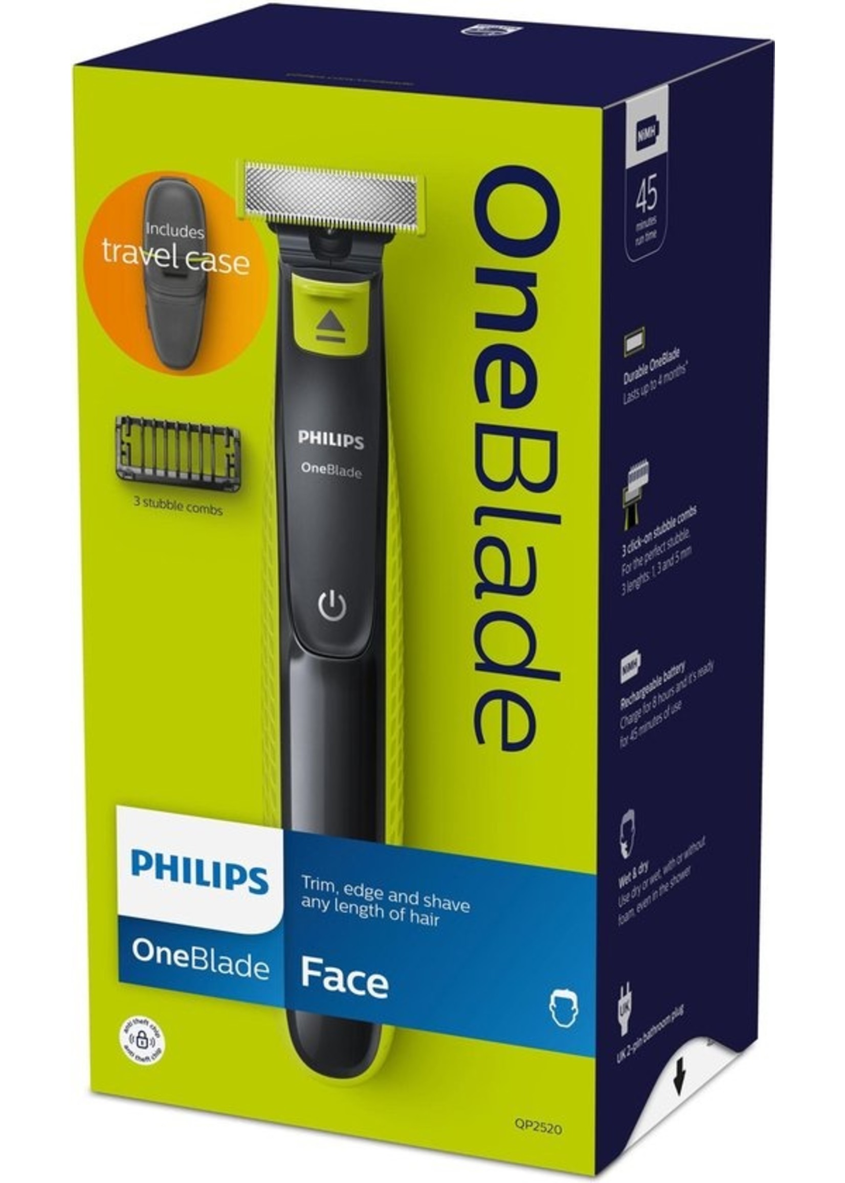 Philips Philips Norelco OneBlade QP2520/65 baardtrimmer Nat en droog Houtskool, Limoen