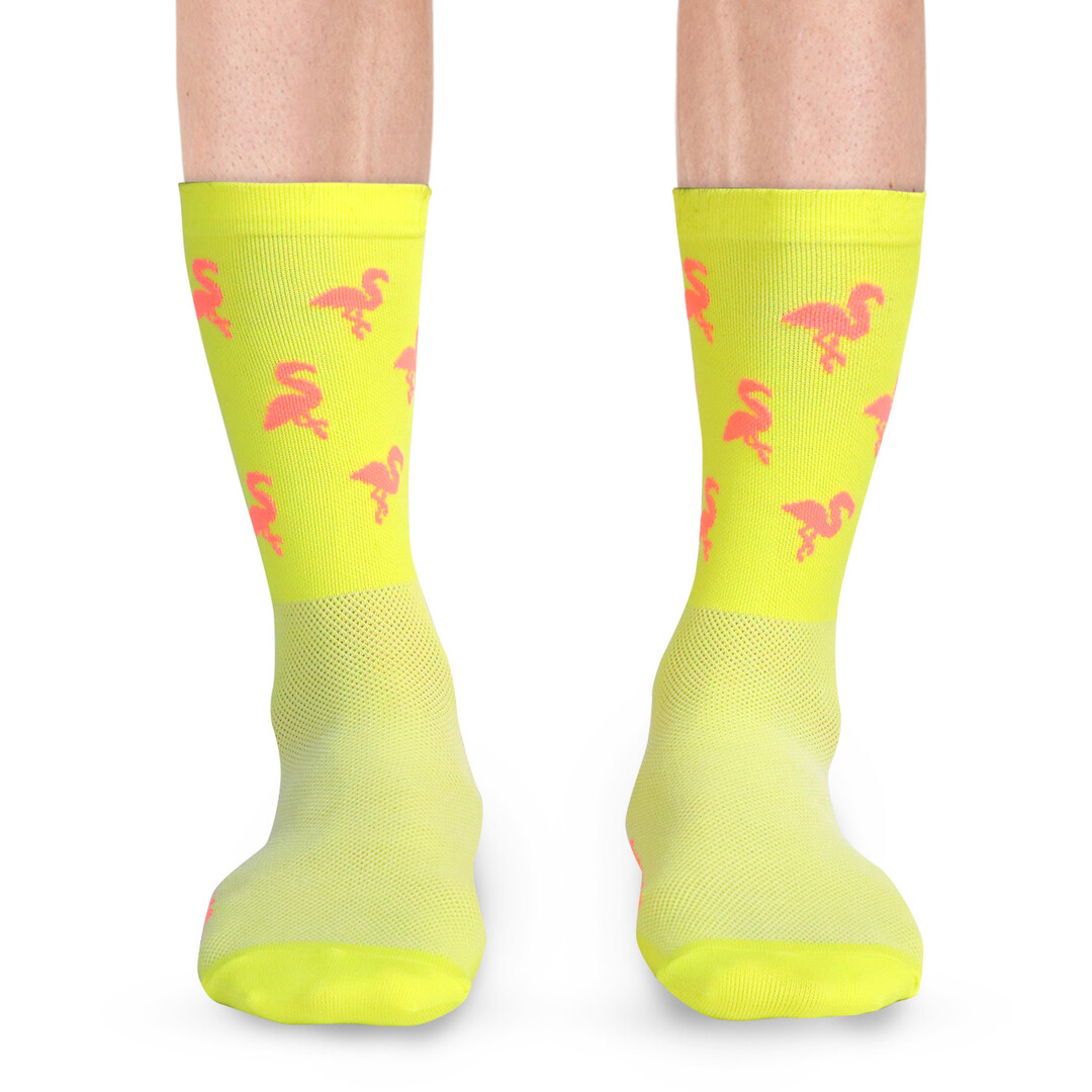 Snelle Sokken Fietssokken - Flamingo print - Neon geel