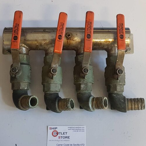 Manifold in Inox with 4x 1" brass ball valve, elbow en hose barb