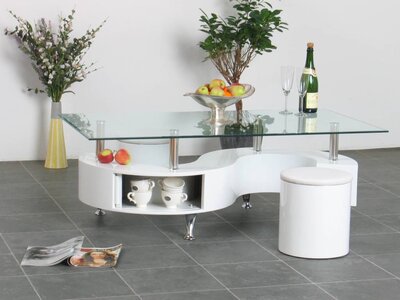 Design salontafel hoogglans wit met 2 hockers Vivian