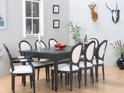 Mozart eethoek eetkamertafel zwart met 6+2 stoelen Rococo
