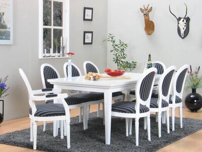 Venetië eethoek wit 180/276 x 95 met 6+2 barok stoelen wit-zwart Rococo