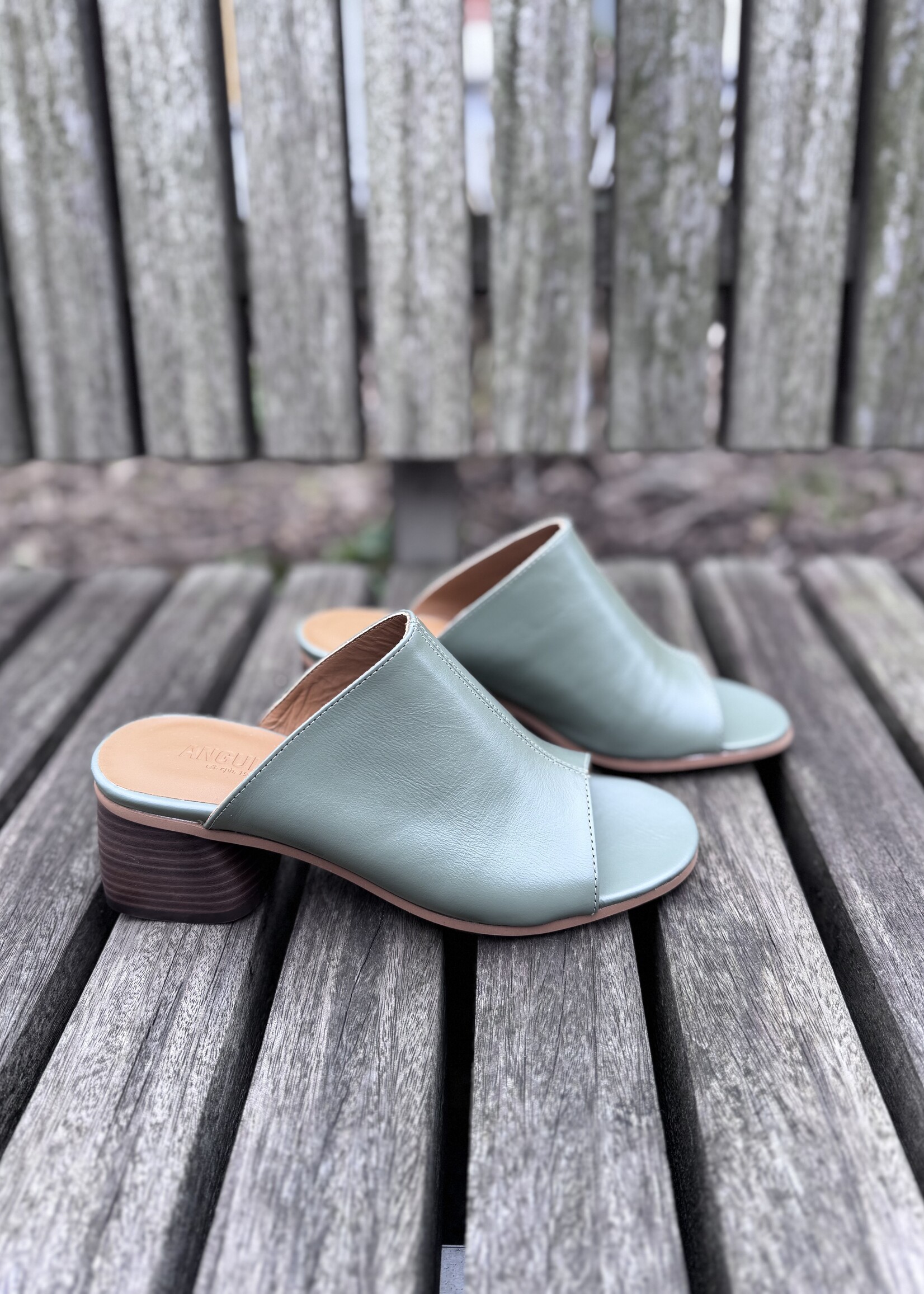Angulus 5826-101 mule with wooden heel sage green
