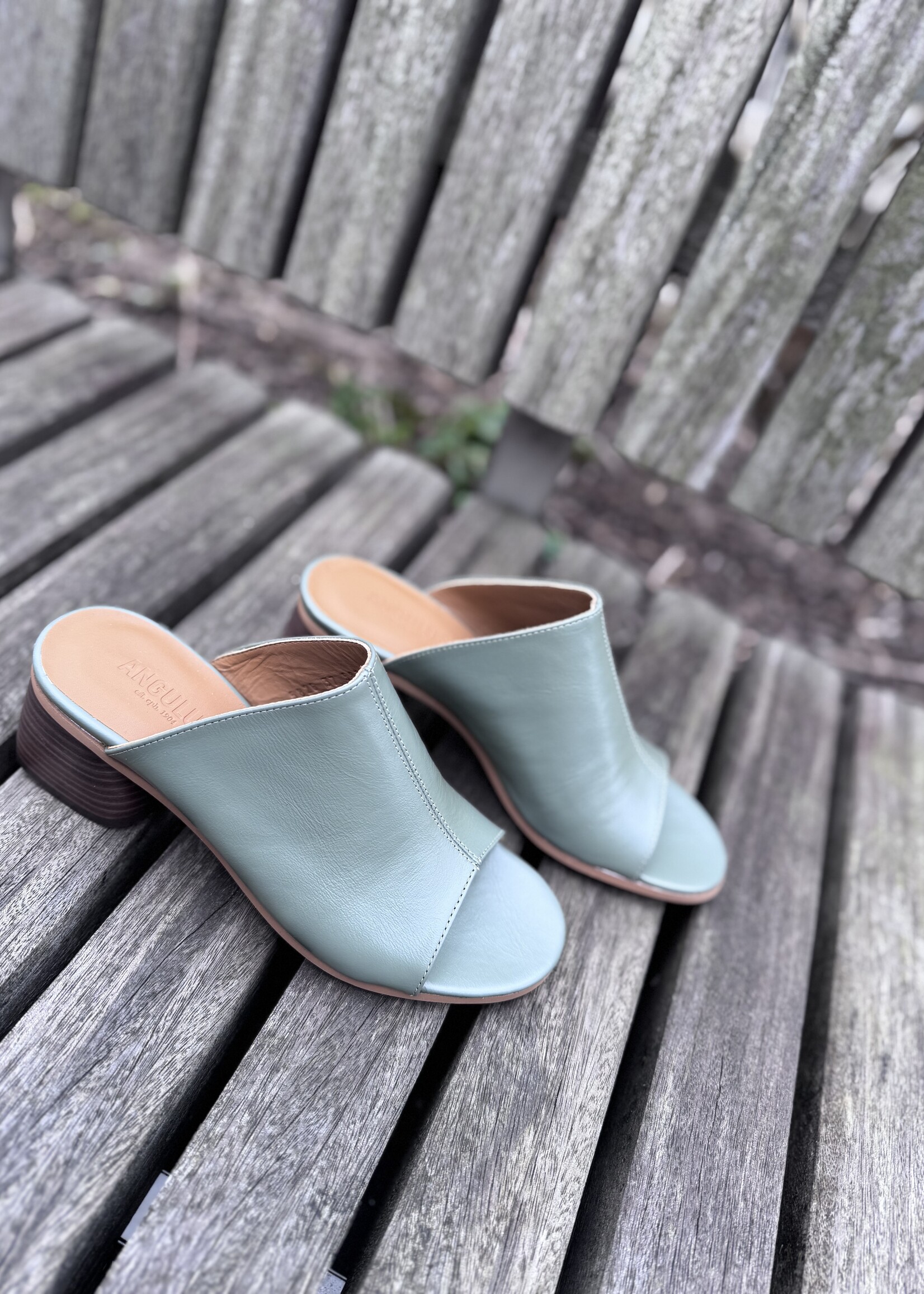 Angulus 5826-101 mule with wooden heel sage green
