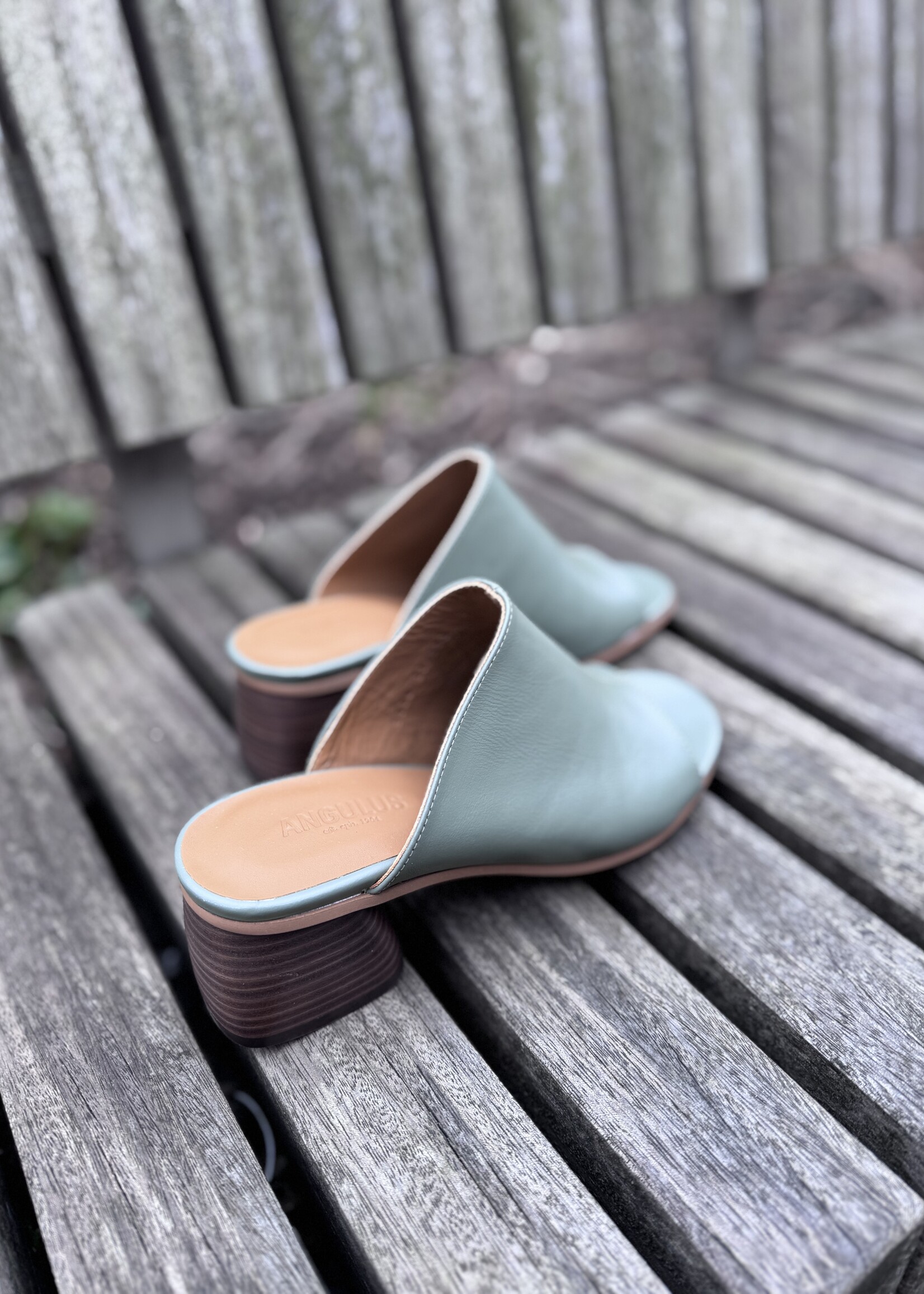 Angulus 5826-101 mule with wooden heel sage green