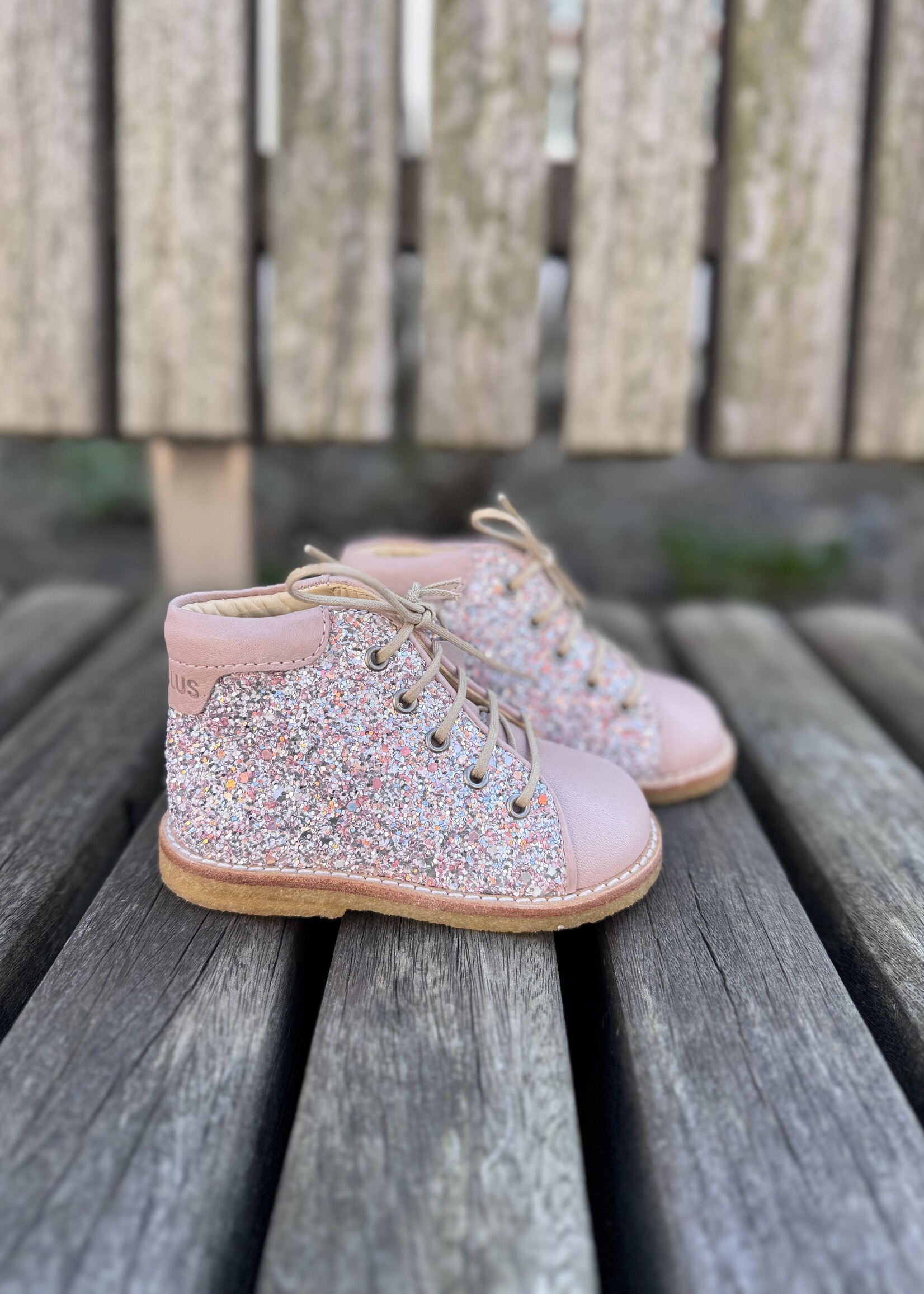 Angulus 3445-101 beginner lace-up shoe sparkling glitter rosebud