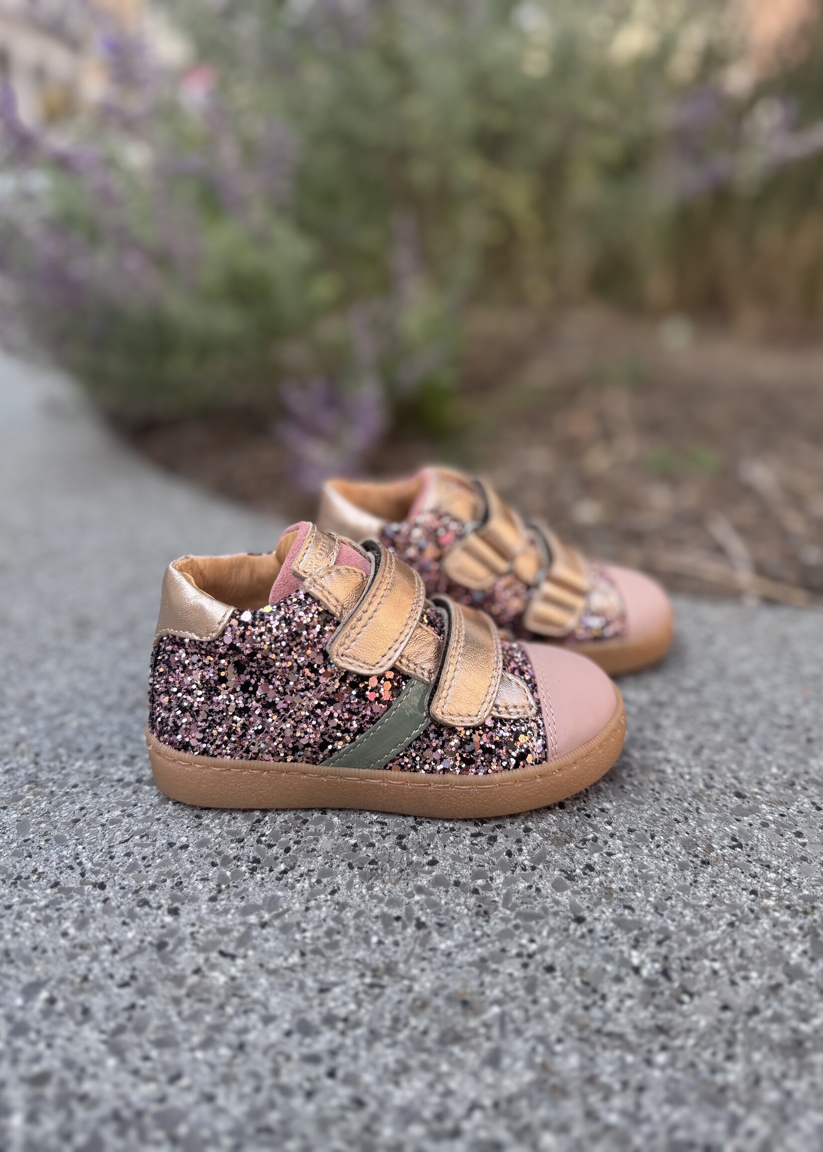 Romagnoli sneaker velcro glitter goud rosa groen