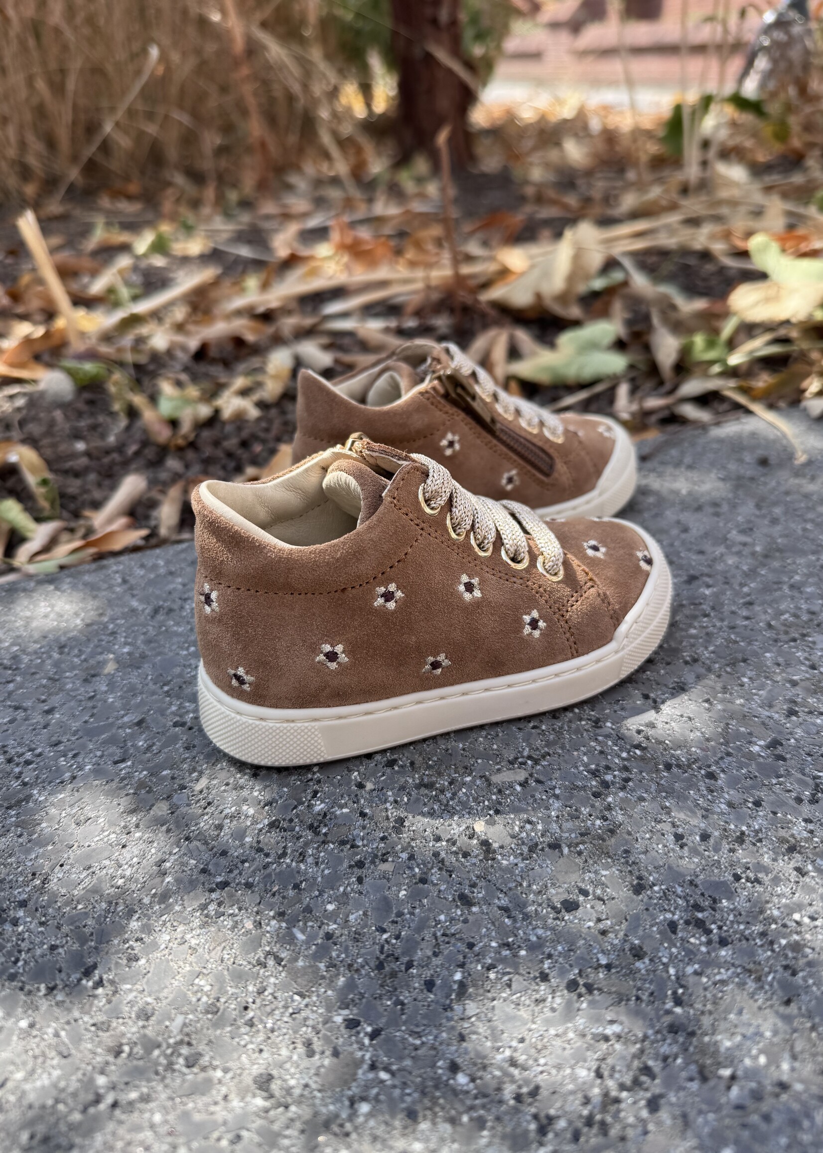 Falcotto snopes zip embr daisies suede brown