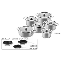 3-laag Downdraft Pannenset 6 delig + 24 en 28cm koekenpan + wok