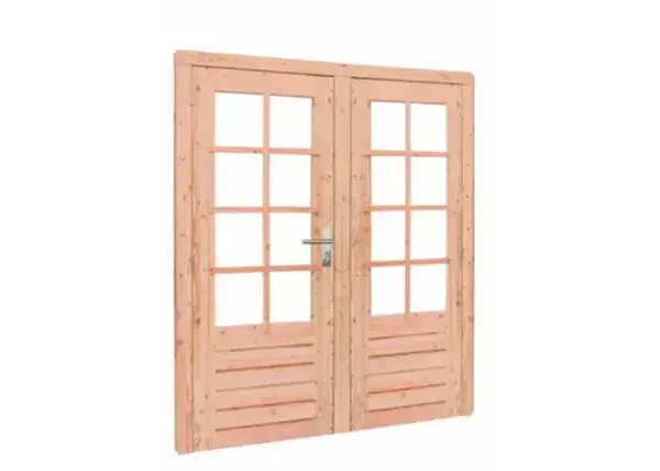Dubbele deur Douglas hout buitenmaat 168x 201cm met glas en RVS deurbeslag 8 ruits