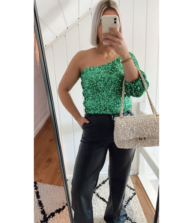 One shoulder glitter top green