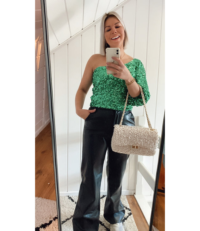 One shoulder glitter top green