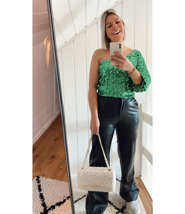 One shoulder glitter top green