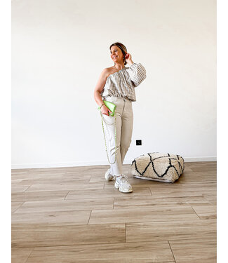 Checked one shoulder top beige/khaki