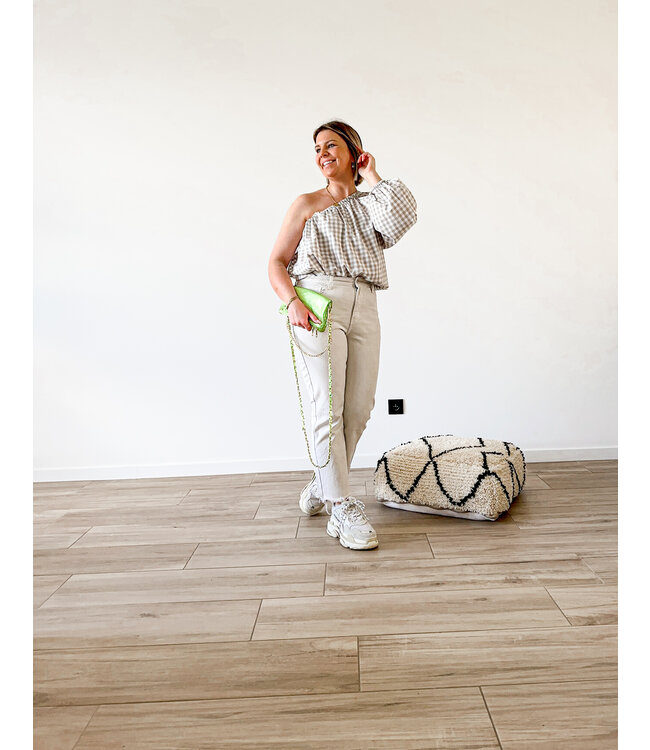 Checked one shoulder top beige/khaki