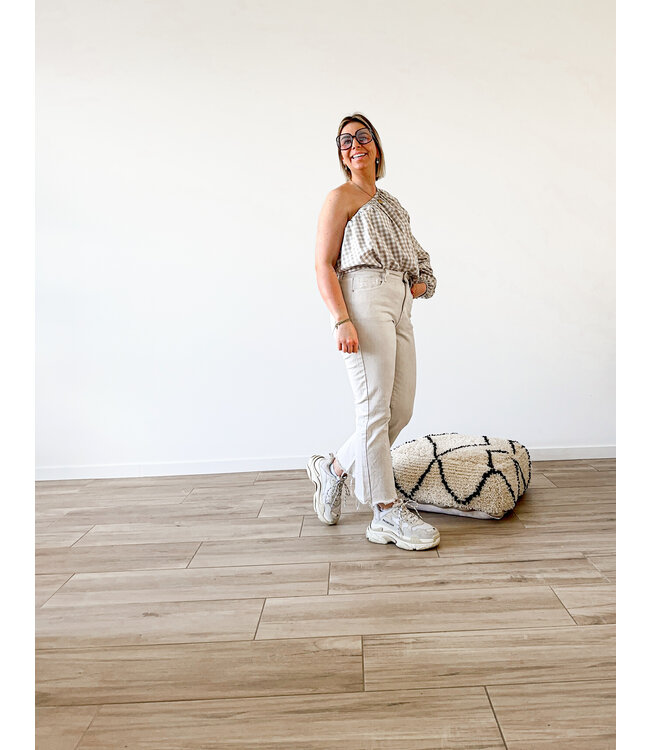 Checked one shoulder top beige/khaki