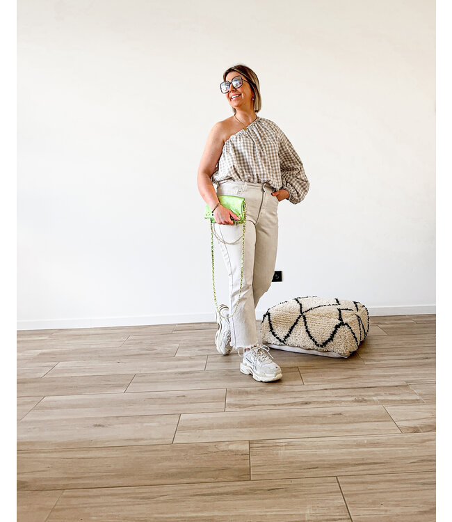 Checked one shoulder top beige/khaki