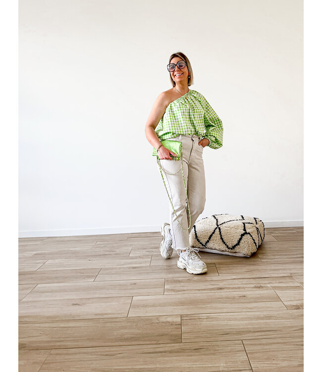 Checked one shoulder top lime