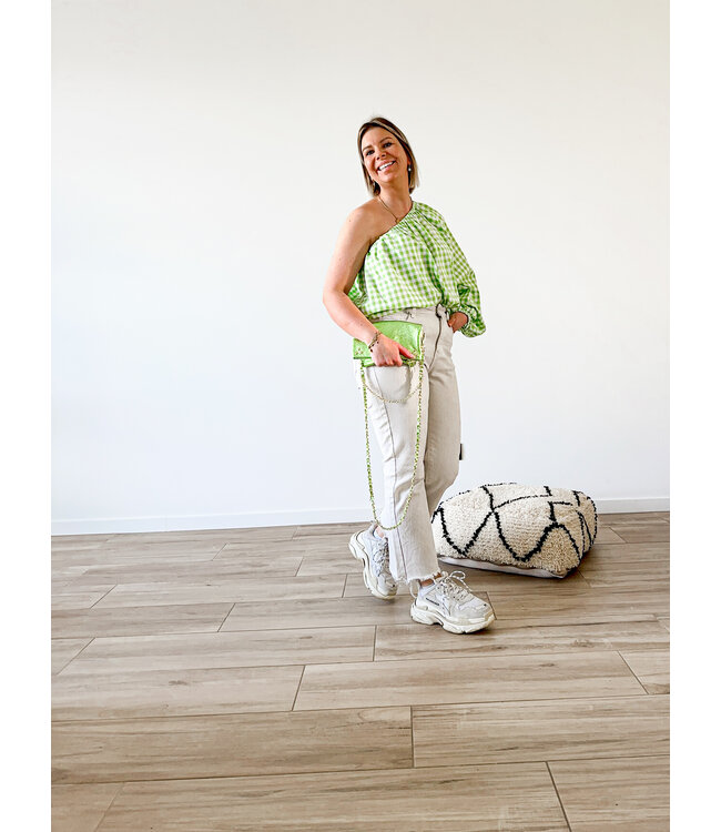 Checked one shoulder top lime