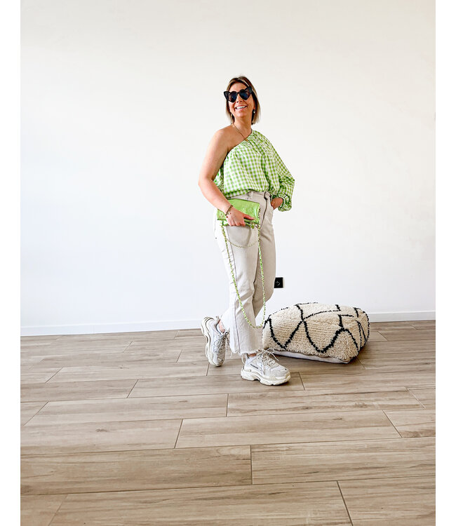 Checked one shoulder top lime