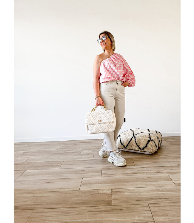 Checked one shoulder top pink