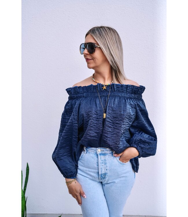 Shiny off shoulder blouse navy