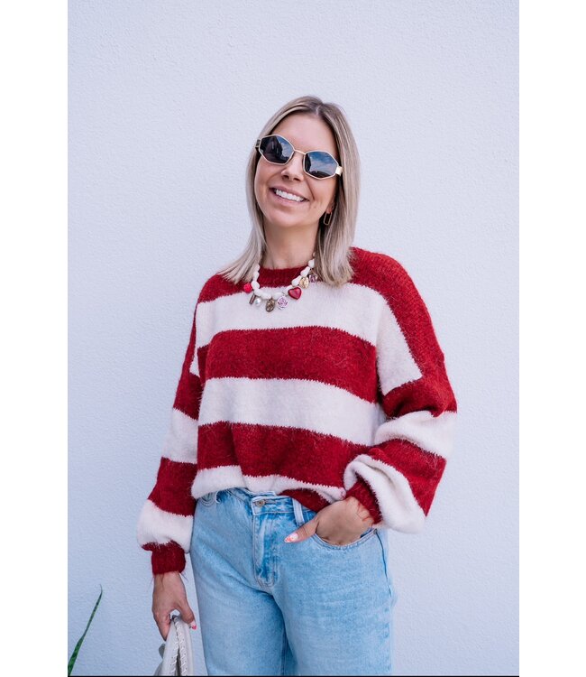Knitted sweater bordeaux/white