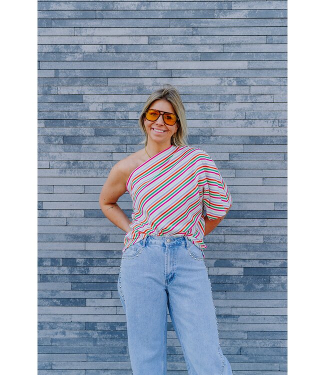 One shoulder rainbow top