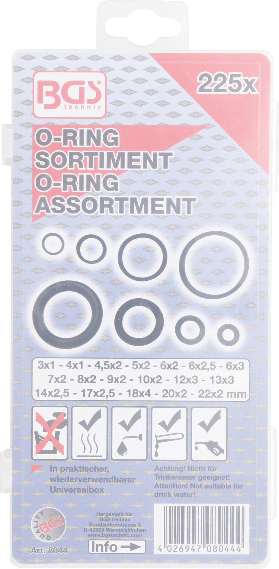 BGS Technic O-Ring Assortment Ø 3 - 22 mm 225 pcs.