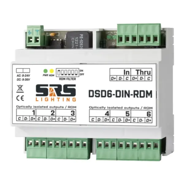 SRS Lighting* SRS Lighting | DSD6-DIN-RDM | DIN-Rail RDM DMX-splitter 6-kanaals | DMX Input: wago| DMX output: wago | Power input: wago