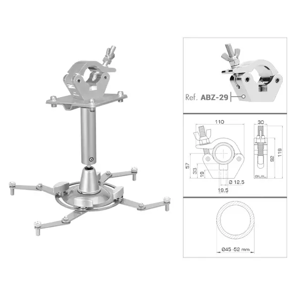 GUIL GUIL | PTR-14/G | beugel voor videoprojectors | inclusief truss clamp ABZ-29 | kogelgewricht voor zwenken en kantelen | inclusief alle hulpmateriaal