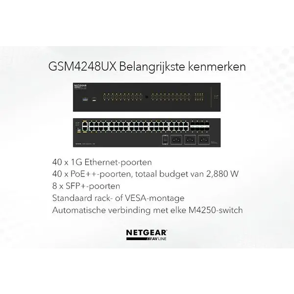 Netgear Netgear | GSM4248UX | 48-poorts AV-netwerk switch | 40x 1G PoE++ 2,880W | 8x SFP+ glasvezel porten | Managed Switch